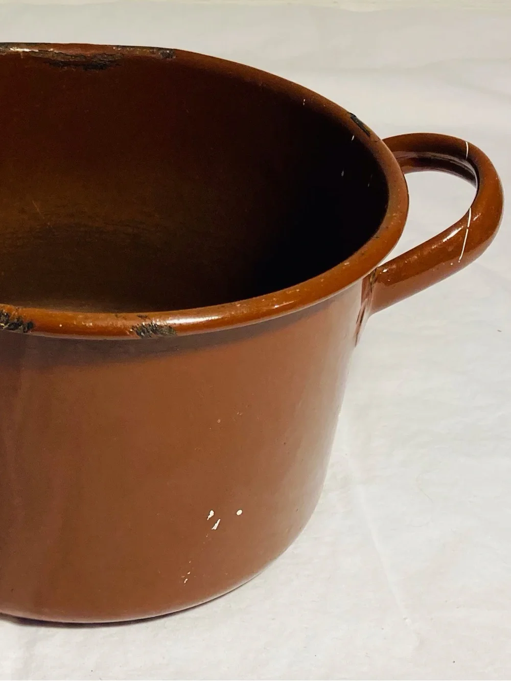 Vintage large enamelware pot in chocolate brown two handles artist paint studio